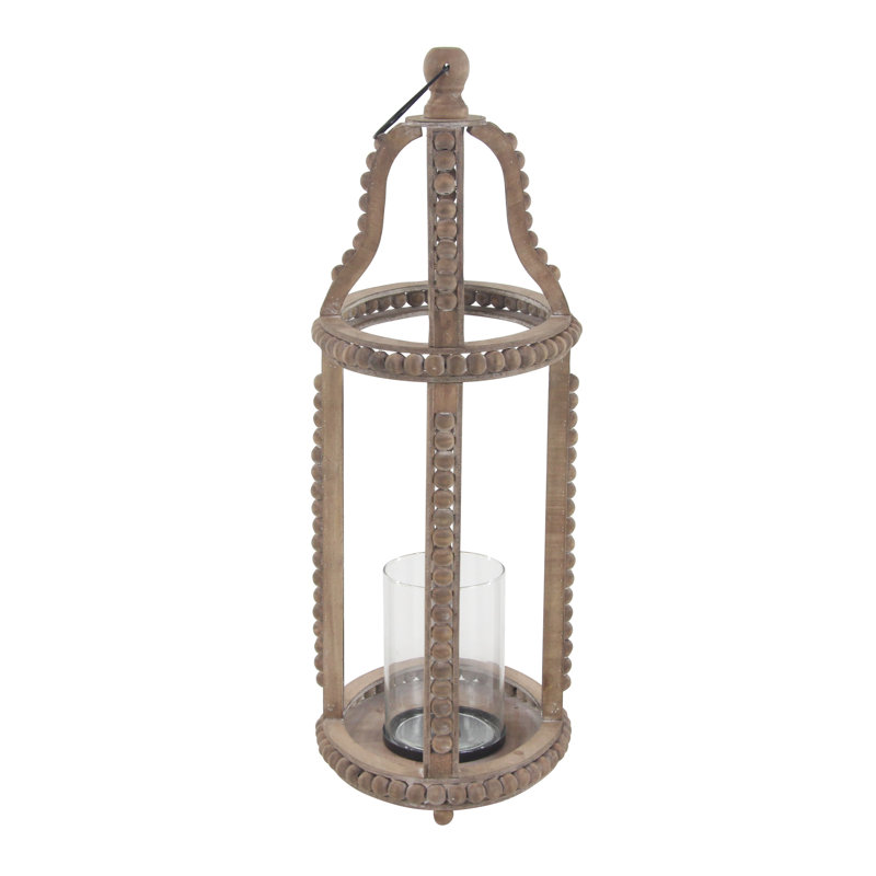 Reclaimed Wood Beaded Decorative Indoor Outdoor Brown Candle Lantern