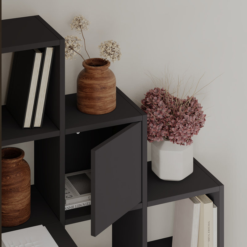 Anyila Corner Bookcase with Modular Cube Design Open and Concealed Shelves Push-to-Open Doors Modern Ladder-Style, Silk Black