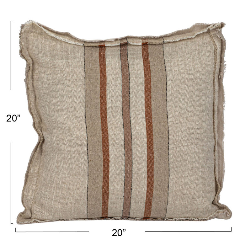 Tan and Brown Linen Striped Square Pillow with Fringe