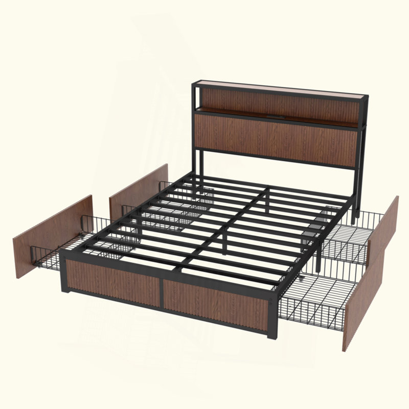 Grand cadre de lit avec rangement à motif en relief, cadre de lit plateforme en bois avec fonction de rangement à tiroirs multiples, douille de chevet