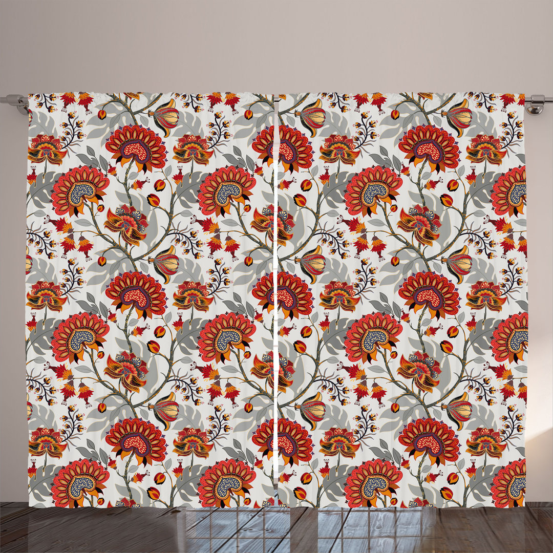 Rustic curtain, traditional Asian flower, floral boho, dark pink light gray