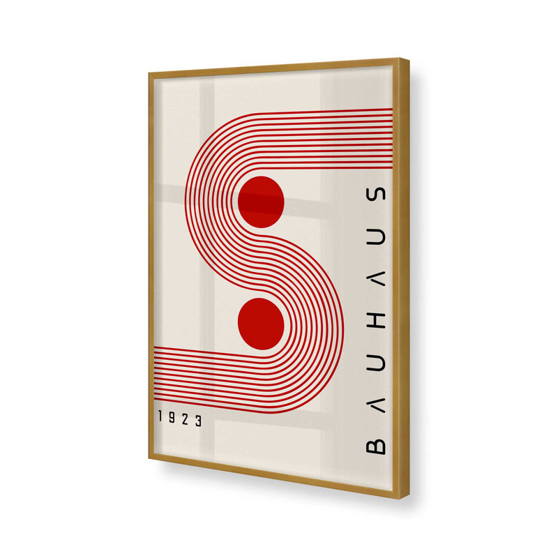 Affiche de cercles rouges et courbes Bauhaus, Cadre simple en or poli, H 37,25 po x l 25,25 po