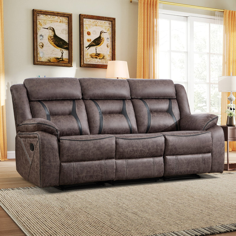 Etherine 84.6" W Vegan Leather Manual Reclining Sofa with Pillow Top Arms, Black Faux Leather