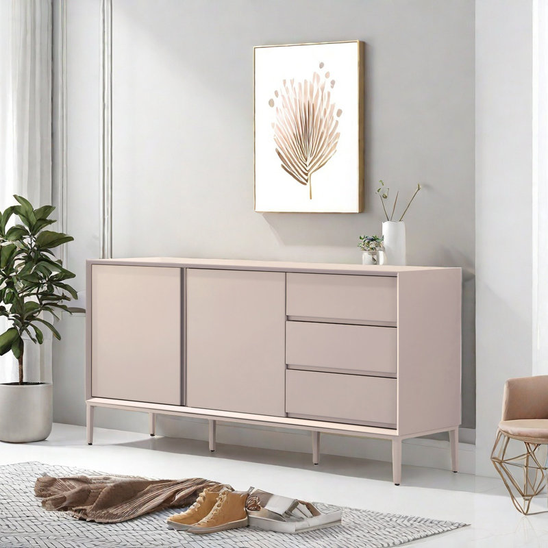 Buffet moderne avec 2 portes et 3 tiroirs, Gris clair
