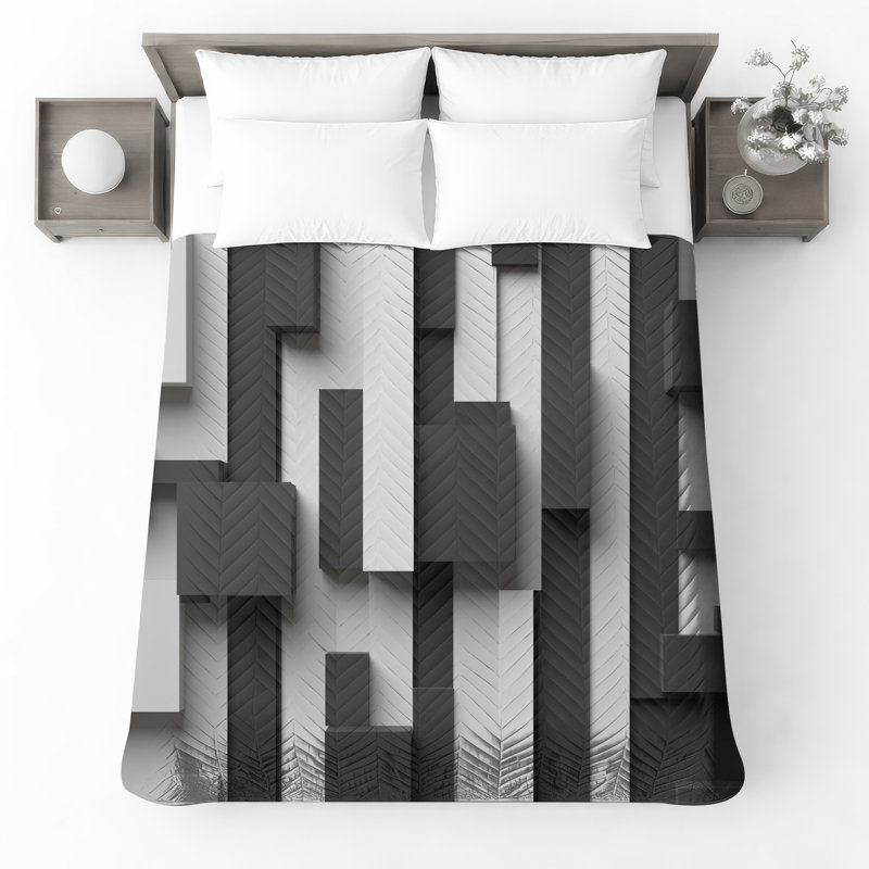 Couvre-lit matelassé à blocs rectangulaires noir et blanc toutes tailles, Double