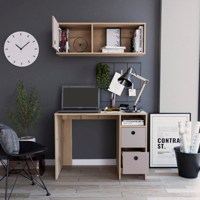 Ensemble de bureau 2 pièces Khali, deux tablettes, deux tiroirs, une armoire murale, une armoire à une porte
