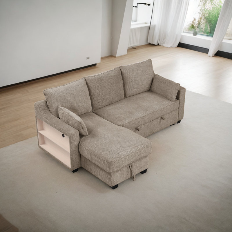Canapé-lit modulaire rembourré en L Fetina, Polyester brun