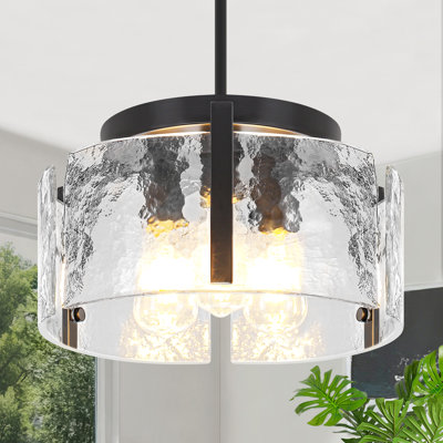 Bora 3-Light Drum Chandelier with Clear Hammered Water Ripple Glass Shade, Adjustable Downrod Modern Farmhouse Pendant Light for Dining Room Kitchen Island Foyer