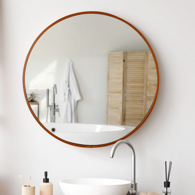 24" Round Wall Mirror Wooden Frame Farmhouse Hanging Bathroom Décor