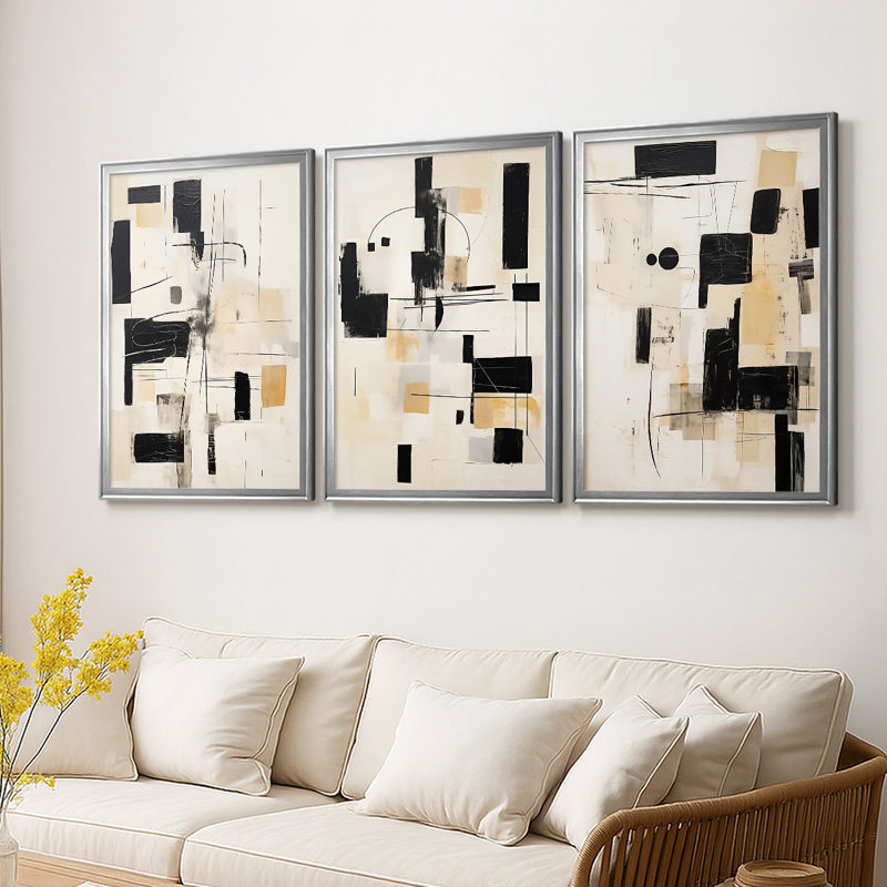 ABSTRACT Series CCCCLX III - Toile tendue avec châssis encadré - 3 pièces, Argent argent, H 19 po x l 27 po