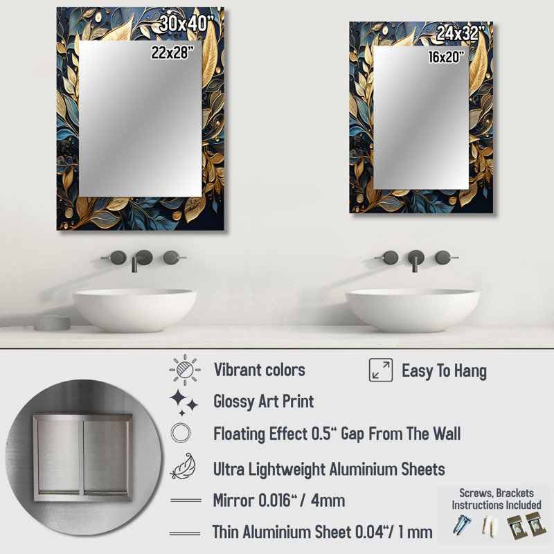 Black And Gold Leaf Charm In Winter II - Leaves Unique Wall Mirror, Traditional Mirror, Printed Metal Art, 32" x 24"