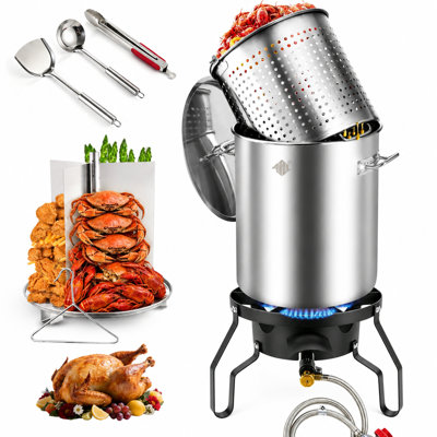 Marmite de fruits de mer de 64 pintes (environ 60 L) avec brûleur à propane de 100 000 BTU, panier et grille vapeur pour la cuisson extérieure de crabes, crevettes et homards ; friteuse à dinde et cuiseur vapeur à tamales.
