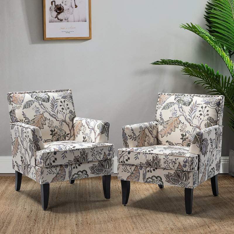 Fauteuil rembourré de 27,15 po de largeur avec garniture cloutée Iliana, Cream/Gray/Orange Floral Polyester Blend