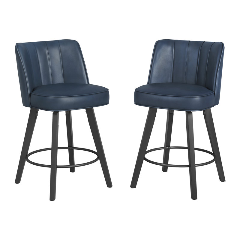 Norflett Solid Wood Swivel Counter Stool, Dark Blue Seat/ Black Frame