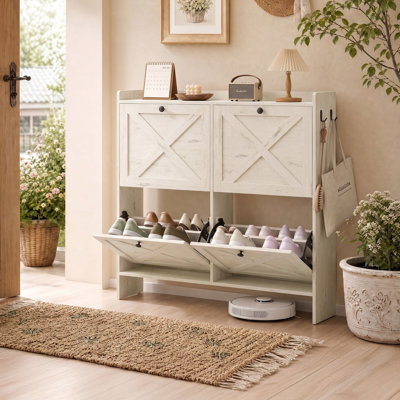 Burnham 16 Pairs Shoe Cabinet Organizer With 2 Flip Drawers