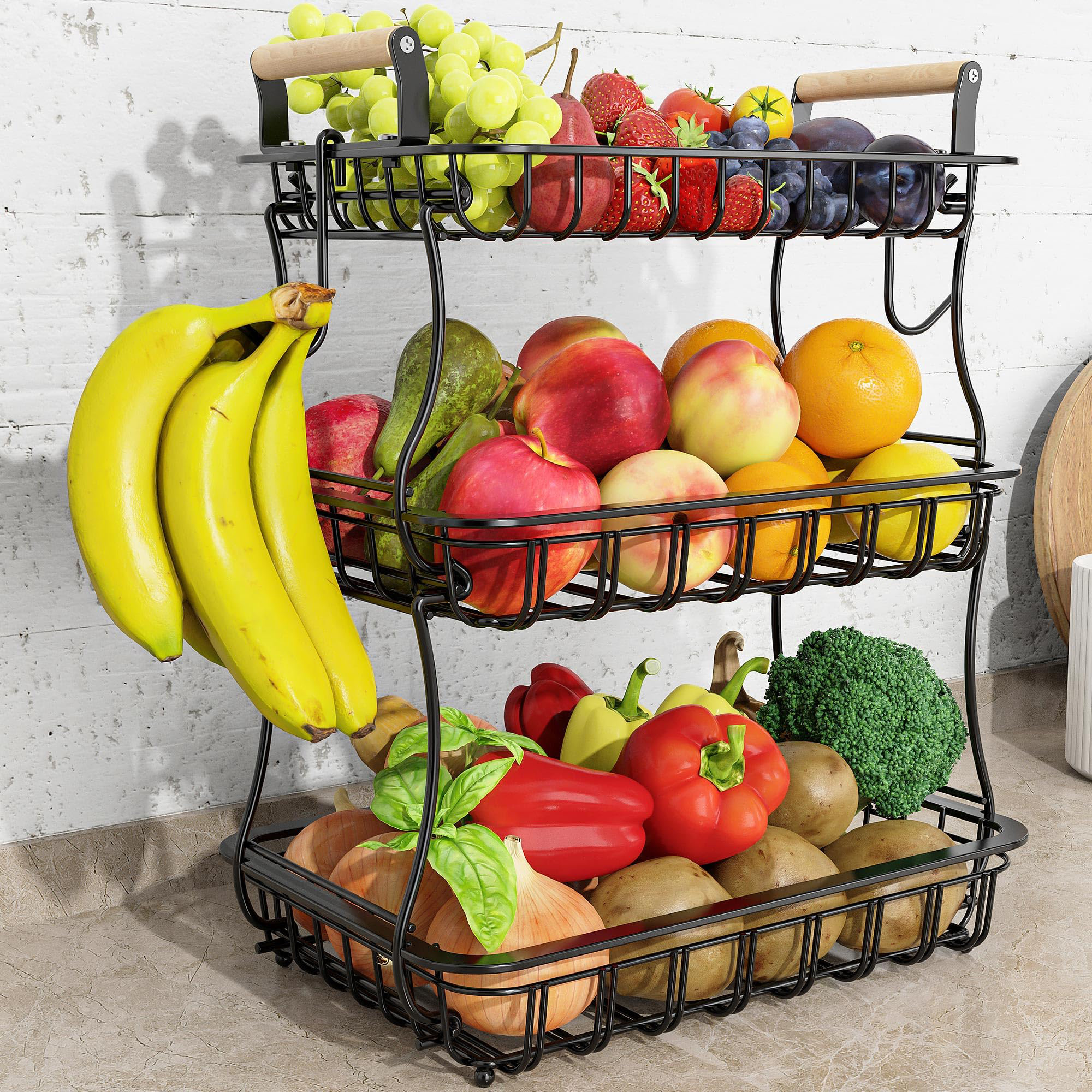 17 Stories Fruit Basket With Mesh Layer And 2 Banana Hooks And Wooden ...