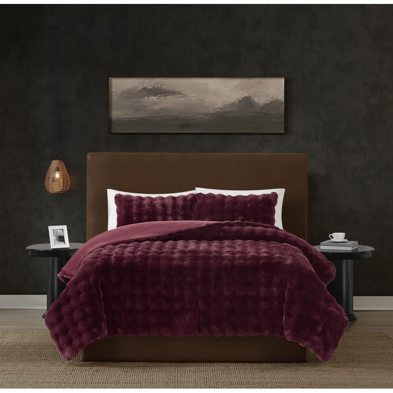 Ensemble d'édredon en fausse fourrure Frye Bubble, Édredon pour grand lit + 2 taies décoratives pou, Figue