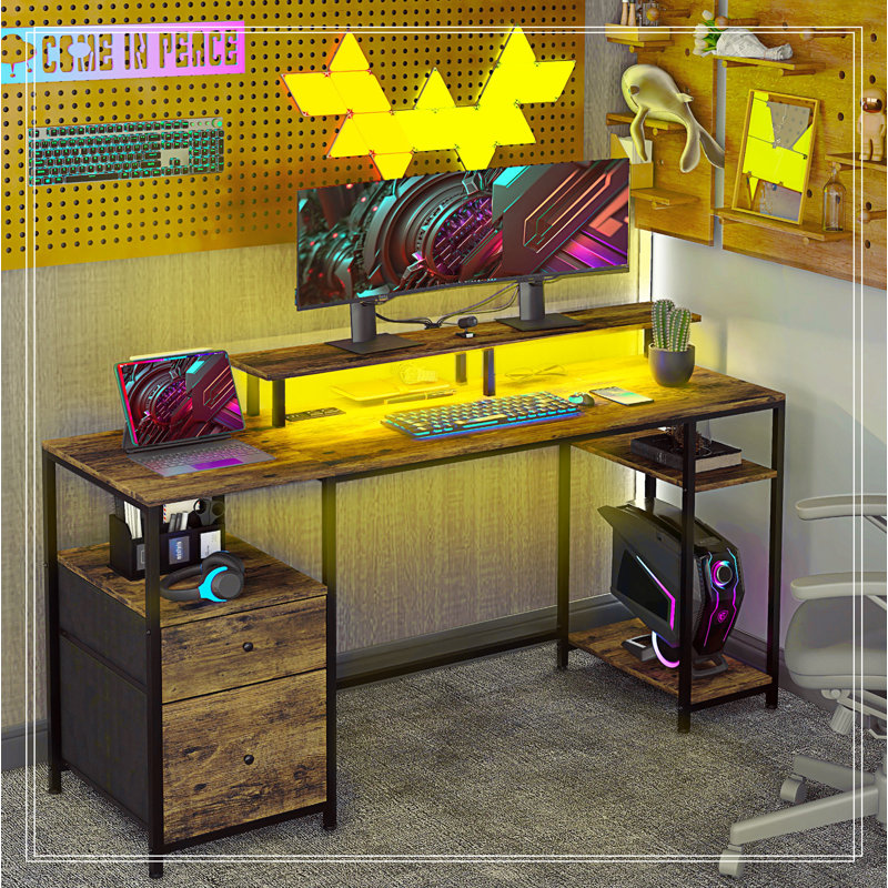 Computer Desk with LED Lights, USB Ports, Gaming Desk with Storage Shelves, Monitor Stand