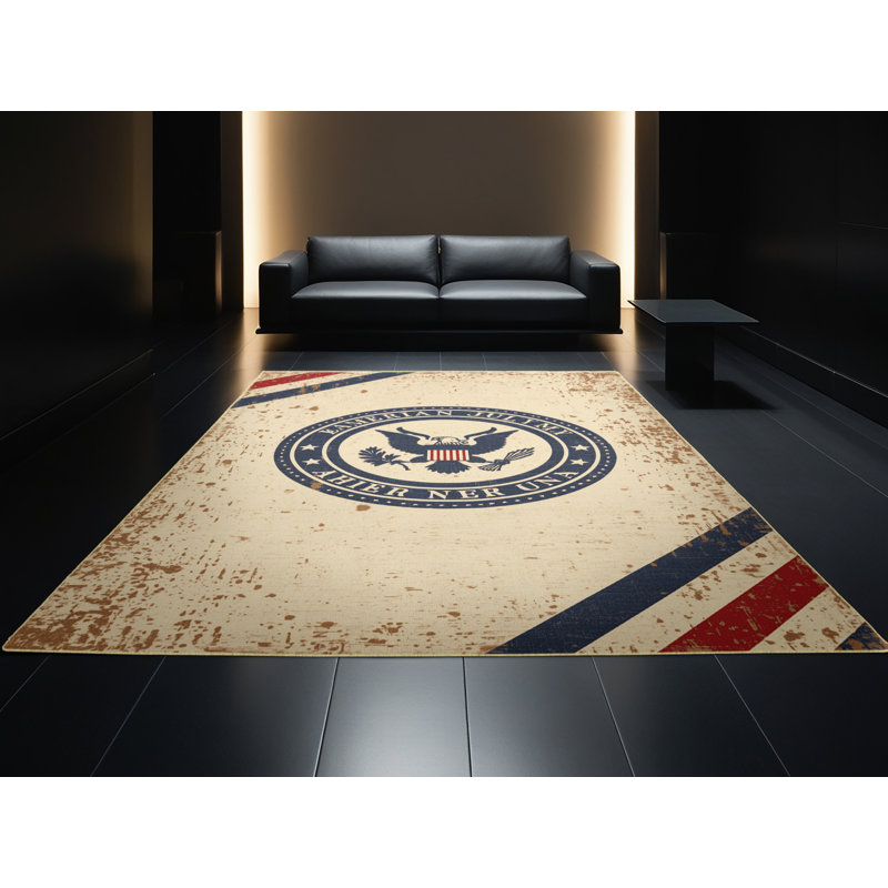 Soft Plush Feliz July 4Th Modern & Contemporary Abstract Area Rug in Beige – Yellow Binding, 7x10