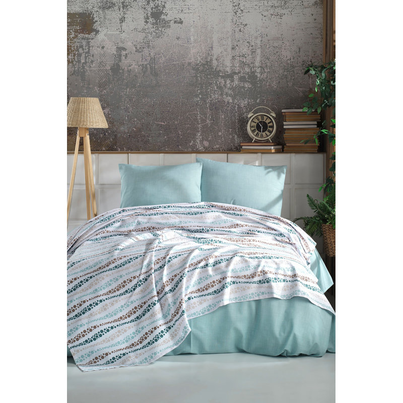 Ensemble de housse de couette 100% coton vert / bleu / blanc 4 pièces Izmir