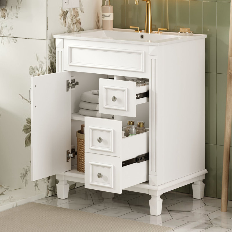 Meuble-lavabo avec lavabo en cÃ©ramique, 2 tiroirs et une tablette rÃ©glable, Blanc