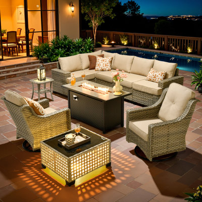 Wahkon 7 - Person Reversible Modular Outdoor Conversation Set,Wicker Patio Seating Group with Lighted Coffee Table, All Weather Swivel Chair Set with Cushions