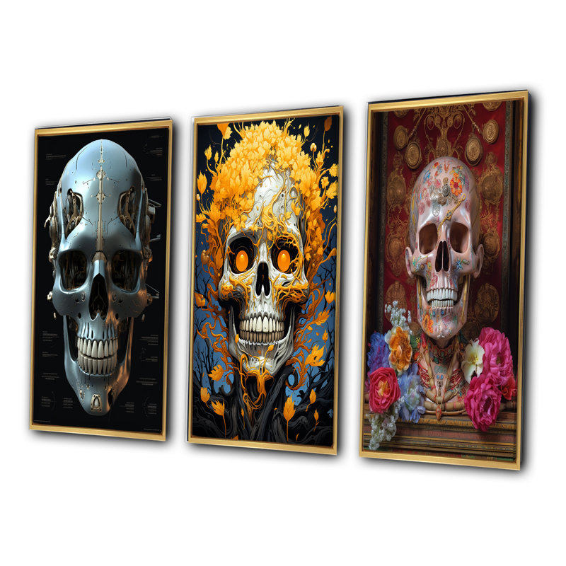 «Happy Cyborg Skull» - ensemble de 3 pièces sur toile, Encadrement doré, H 48 po x l 32 po
