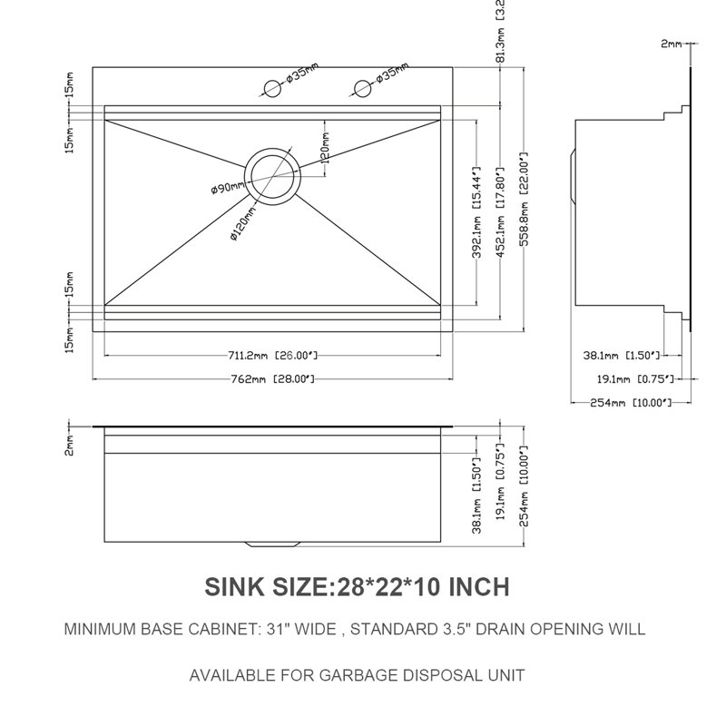 16 Gauge Stainless Steel Sink - 28"X22" Drop-In Workstation Structure Sound Insulation Pad 28" Flexible Option Smooth Drainage System