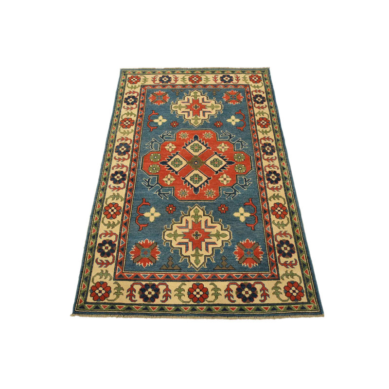Tapis Kazak 4′ x 5′11″ en laine bleue, noué à la main, style tribal oriental