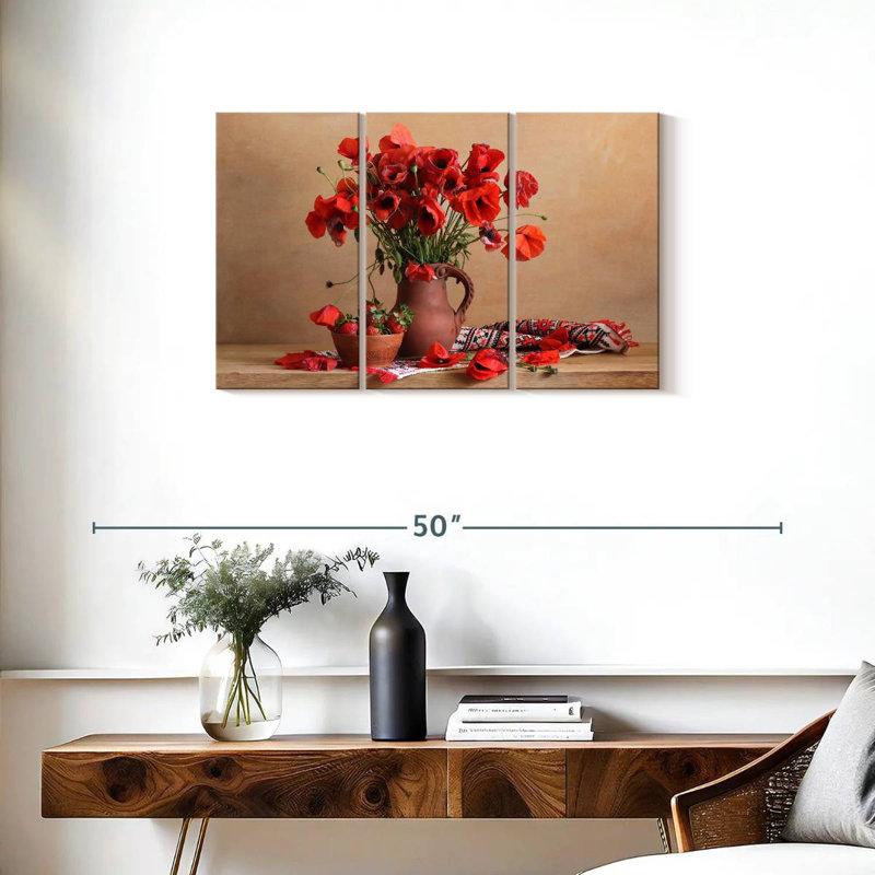 Harnek, coquelicots rouges et fraises, H 20 po x l 33 po