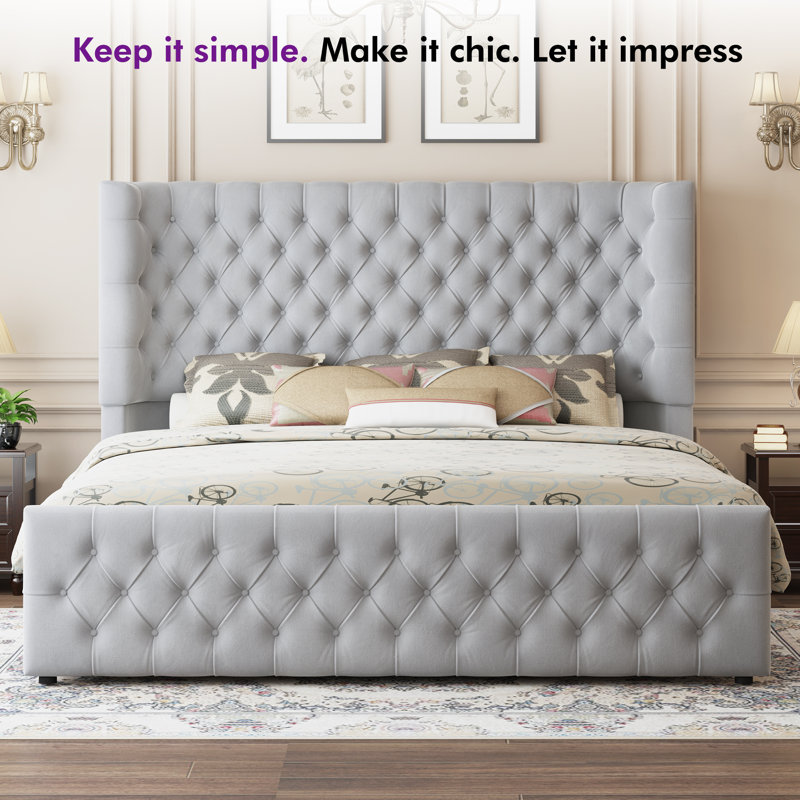 Deep Tufted Headboard Upholstered Wingback Bed, Gray, Queen