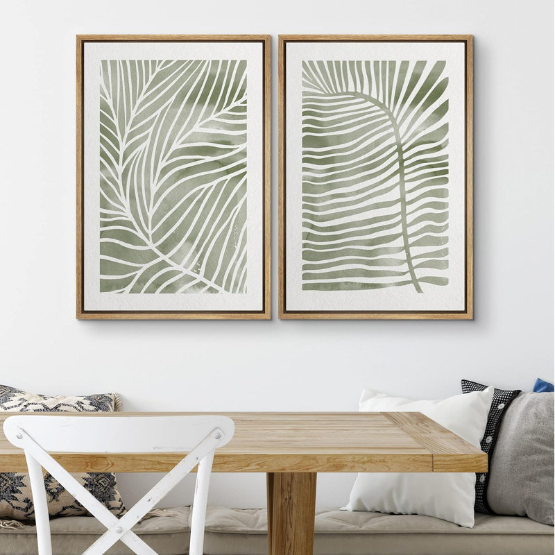 Abstract Botanical "Faded Sage Green Tropical Palm Tree Leaves Artwork, Modern Simple Minimalist Wall Pictures, Framed Canvas Giclee Print 2 Pieces Wall Art Set" 16x24x2 pcs, 24x36x2 pcs
