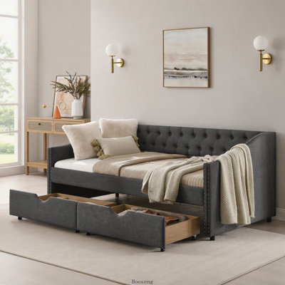 Lit de jour simple rembourré capitonné avec tiroirs de rangement, dossier à boutons et accoudoirs cloutés en cuivre, mobilier de chambre d'amis moderne