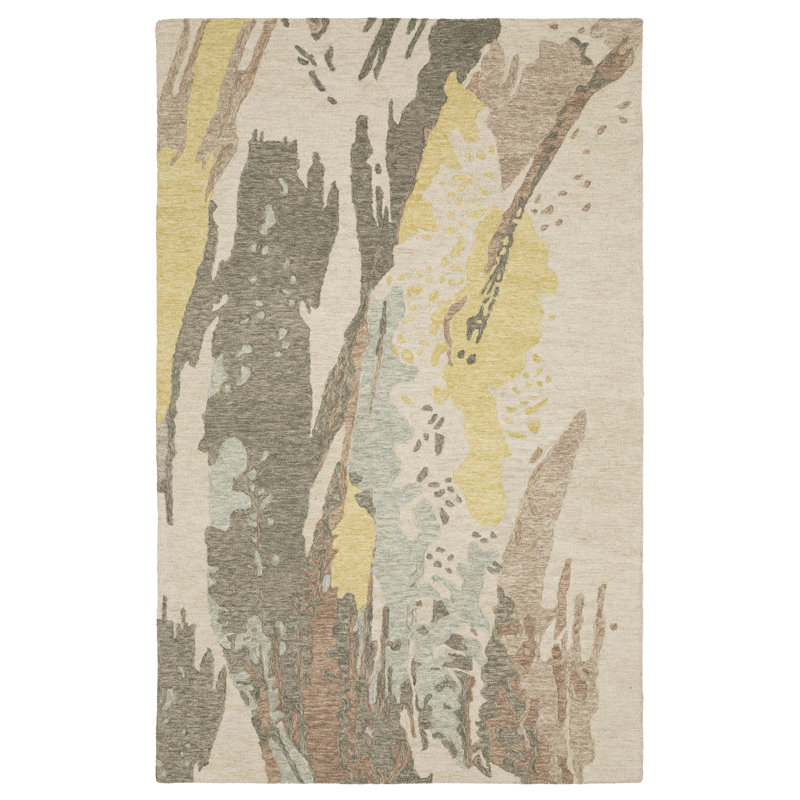 Renli Hand-made Wool Abstract Elements Beige/ Yellow Area Rug, Rectangle 10' x 13'