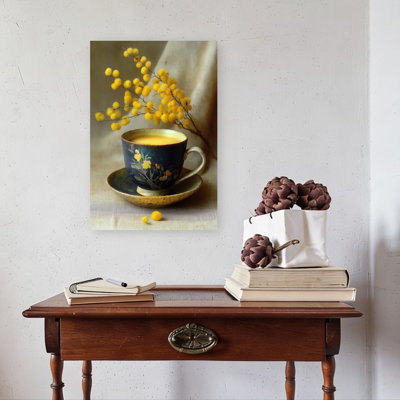 Yellow Mimosa Tea Elegant Rustic Serene Nature Spring Wall Art Print 1 Piece Wrapped Canvas Wall Art