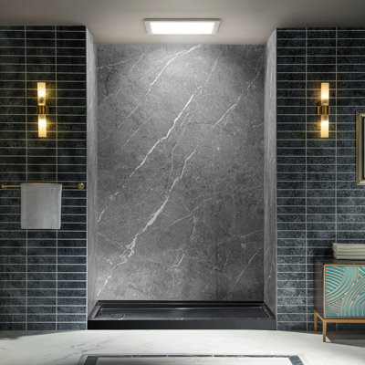 Panneaux muraux de douche WOODBRIDGE en surface solide, 3 pièces, à coller, 152 cm (L) x 91 cm (P) x 244 cm (H), recoupables et faciles à installer soi-même, installation rapide, épaisseur 3,5 mm, gris foncé mat, motif marbre, WADG-603696-A-M