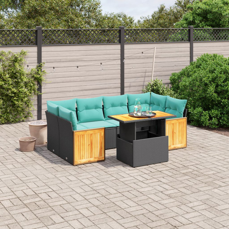  Ensemble de canapé de patio 7 pièces avec coussins en rotin de polyester, Noir, Vert