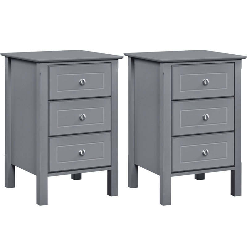 Modern 3 Drawer Bedside Table Nightstand, Grey, 2pcs