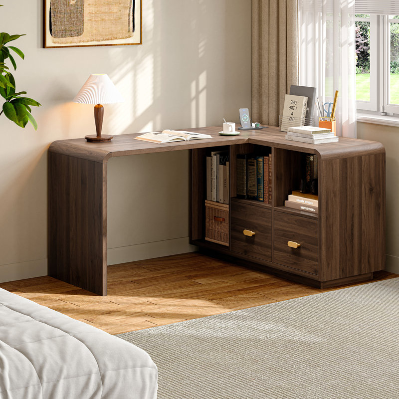 58" Executive L Shaped Desk, Home Office Desk With File Drawers, Computer Desk With Power Outlets And Storage Shelves, Walnut