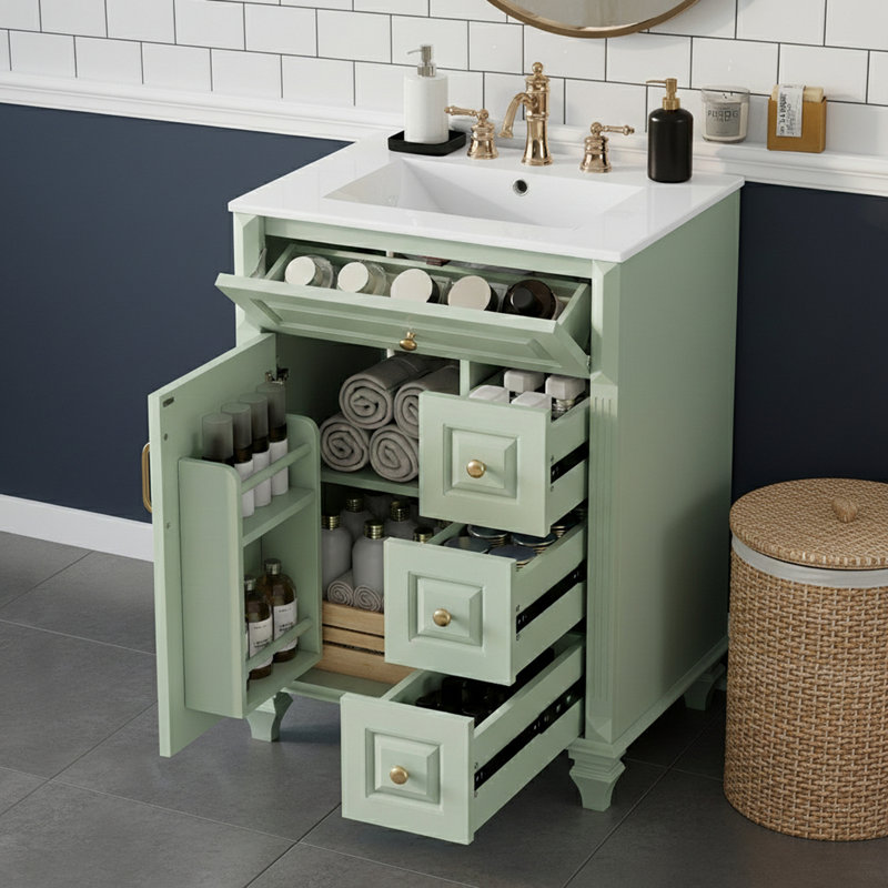 Meuble-lavabo autoportant avec lavabo et tiroir rabattable, Vert