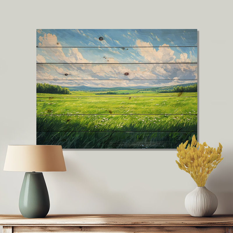 Countryside At High Noon I - Countryside Wood Wall Art - On Natural Pine Wood, 10" H x 20" W x 0.78" D