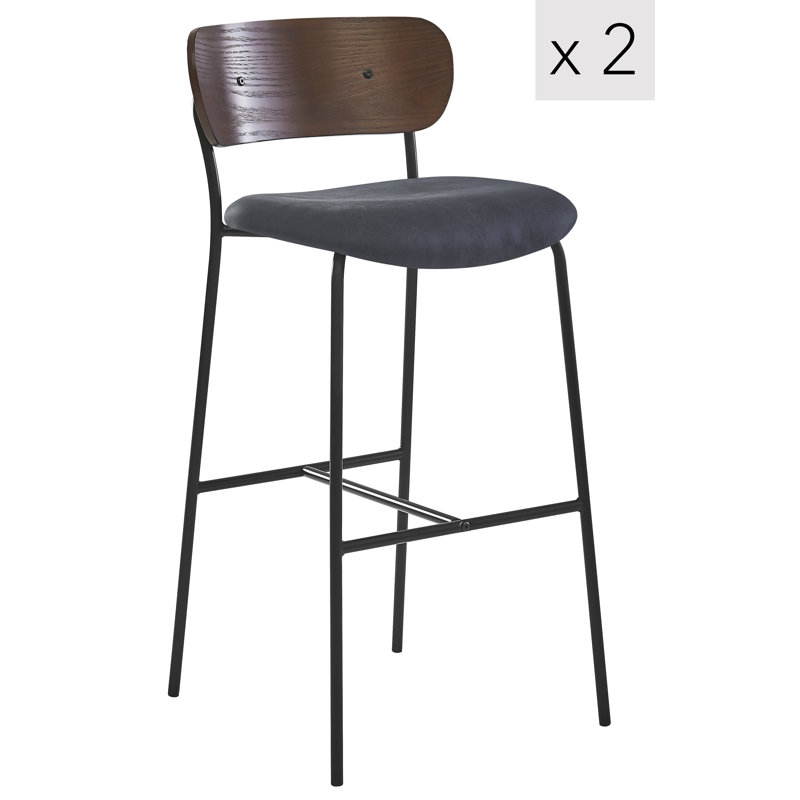 Ensemble de 2 tabourets de bar industriels noirs avec dossier en bois LINCOLN