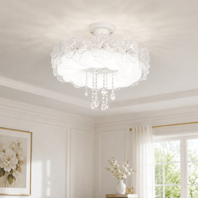 22 Inch Crystal Semi Flush Mount Ceiling Light With White Finsh，  LED 3 Color Light Source, Included Remote Control.