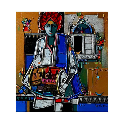Turbaned Man Playing Drum | Acrylic On Canvas | Painting By Girish Adannavar