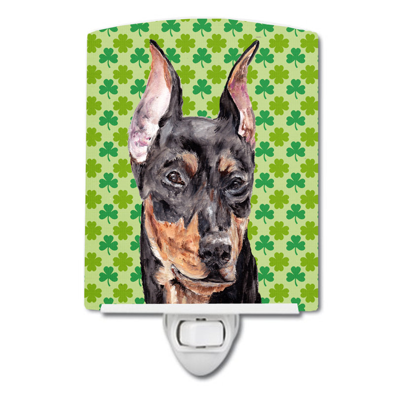 Éclairage de nuit en céramique akita trèfle St. Patrick's Day, Pinscher allemand
