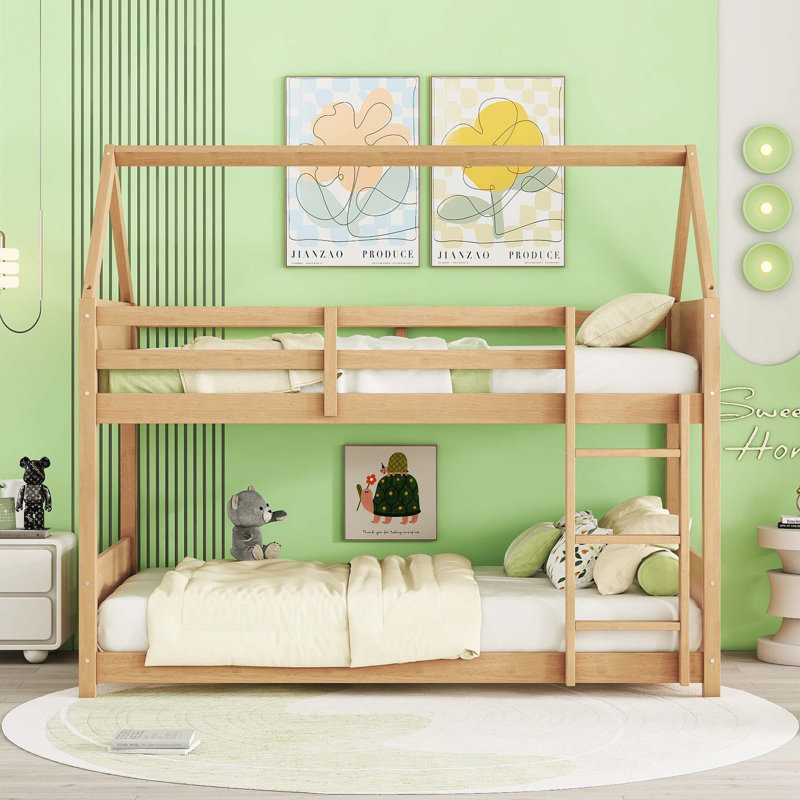 Sturdy and Versatile Twin Over Twin Bunk Bed with Safety Features and Space Optimization, White Oak