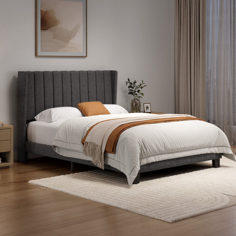 Upholstered Bed Frame with Channel Tufted Headboard, Dark Grey, Kingsize (5')