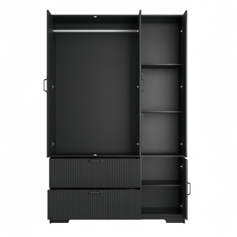 Garde-robe 4 portes avec miroir - garde-robe à DEL avec 2 tiroirs, armoire de rangement en bois avec tringle et tablettes réglables