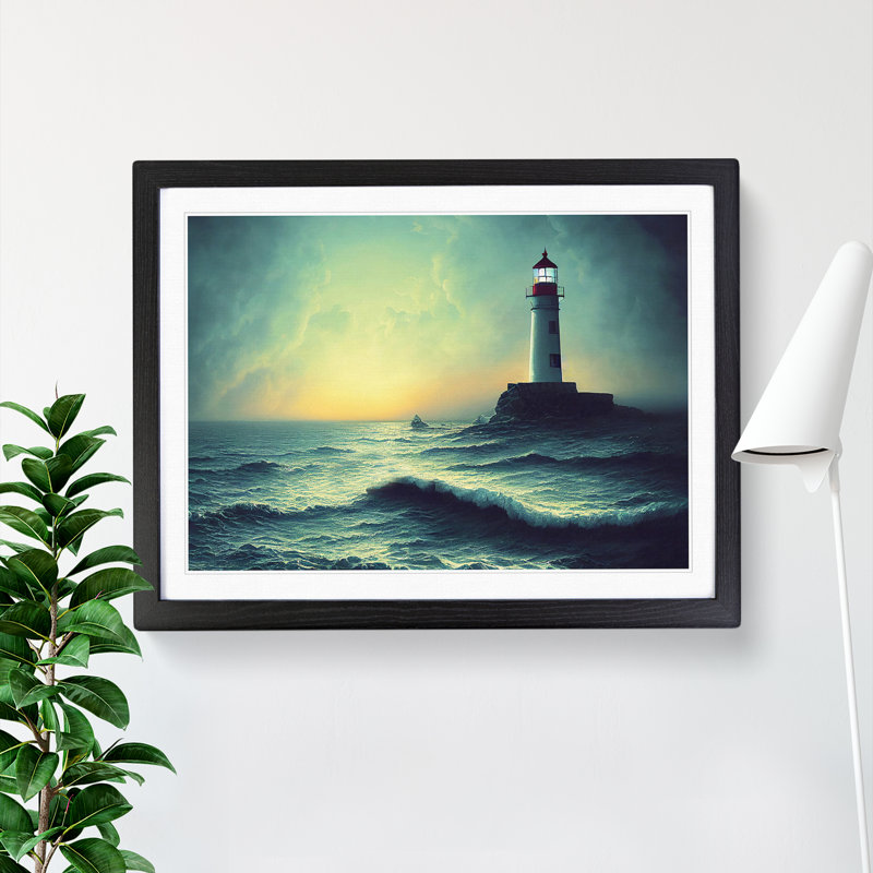 Dreamlike Lighthouse Sunrise - Single Picture Frame Print, Black, 46cm H x 64cm W