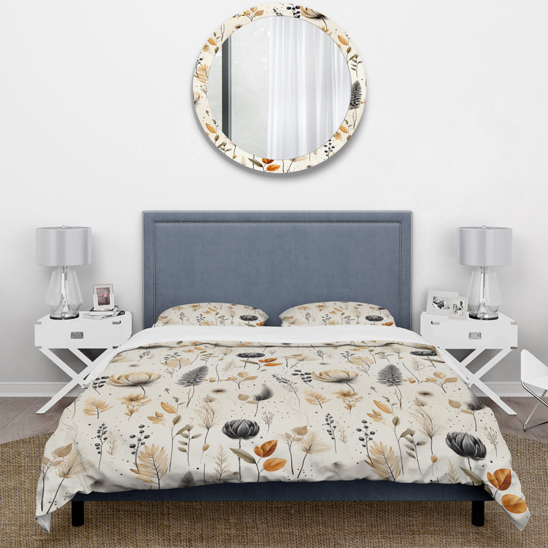 Literie à fleurs géométriques grises et beiges, Housse de couette pour grand lit et 2 taies décor